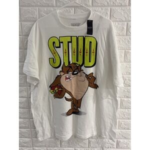 LOONEY TUNES MENS SHIRT SIZE MEDIUM TAZ‎ DEVIL SHORT SLEEVE WHITE STUD PRINT